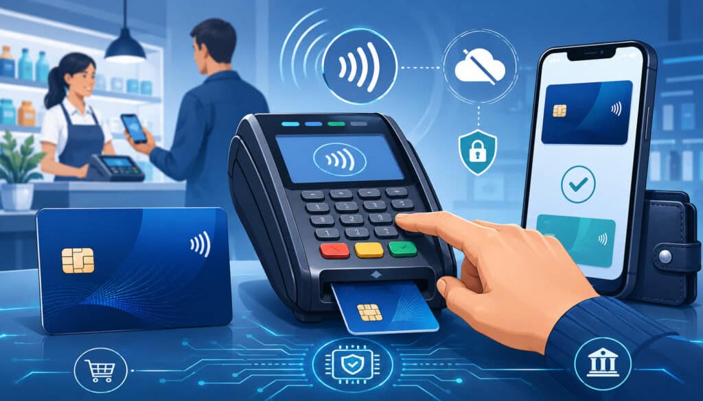 EMV card, contactless payment, mobile wallet, and PIN debit terminal illustration
