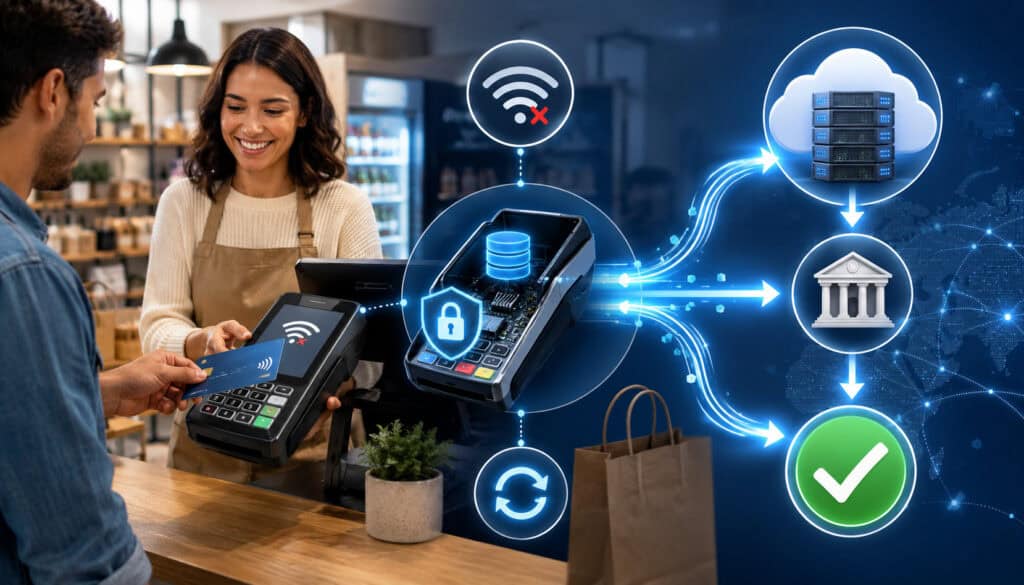 Store-and-forward payment transaction processed securely after internet connection is restored