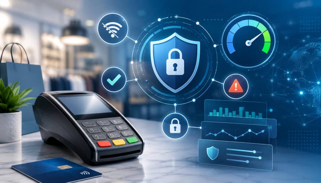 POS terminal with offline payment, transaction limit, security, and risk control icons