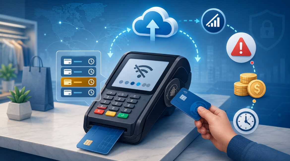 POS terminal storing offline card transactions for later upload with cost and decline risk icons