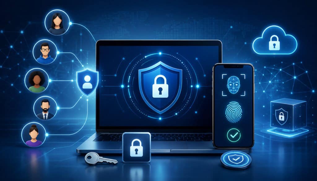 Unique user accounts secured with multi-factor authentication and biometric login icons