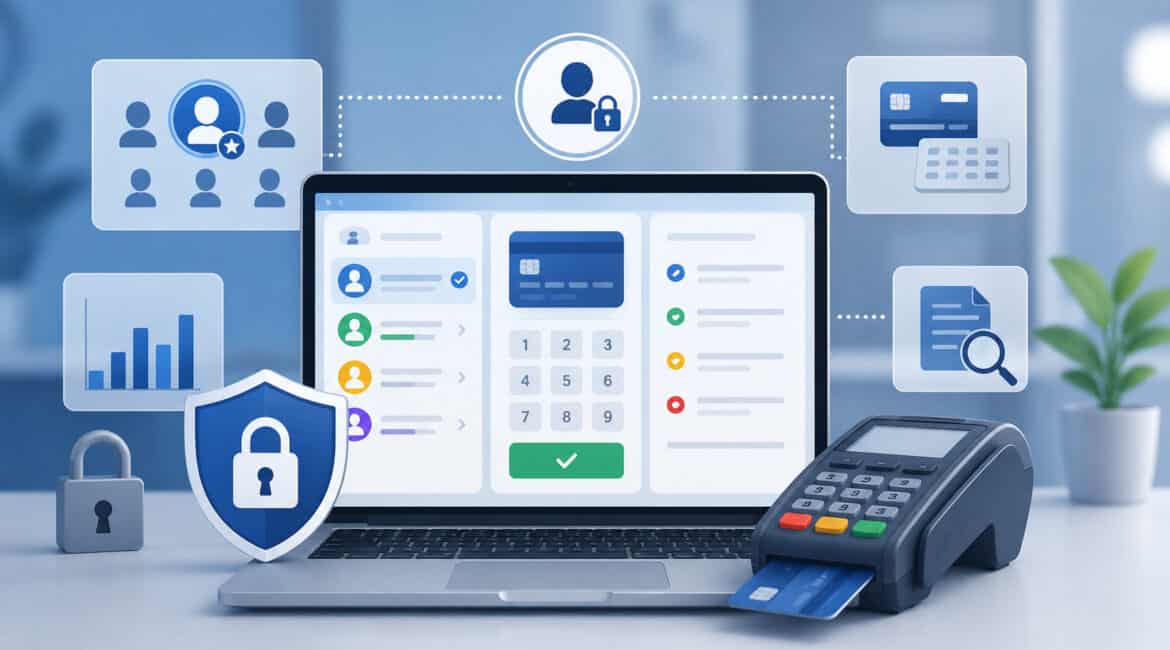 Virtual terminal access controls with user roles, card entry limits, and audit security icons