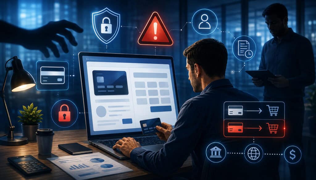Virtual terminal payment fraud risk with employee, credit card, and security warning icons