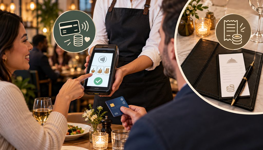 Customer selecting a tip on a tableside payment terminal in a restaurant
