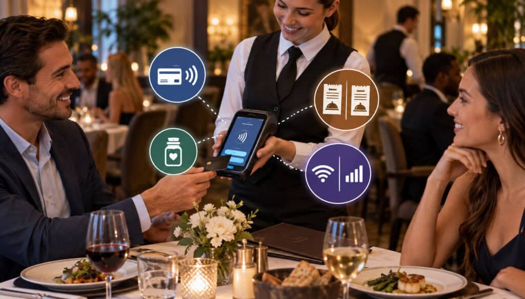 Pay-at-the-table terminal with tip, split check, and wireless payment icons