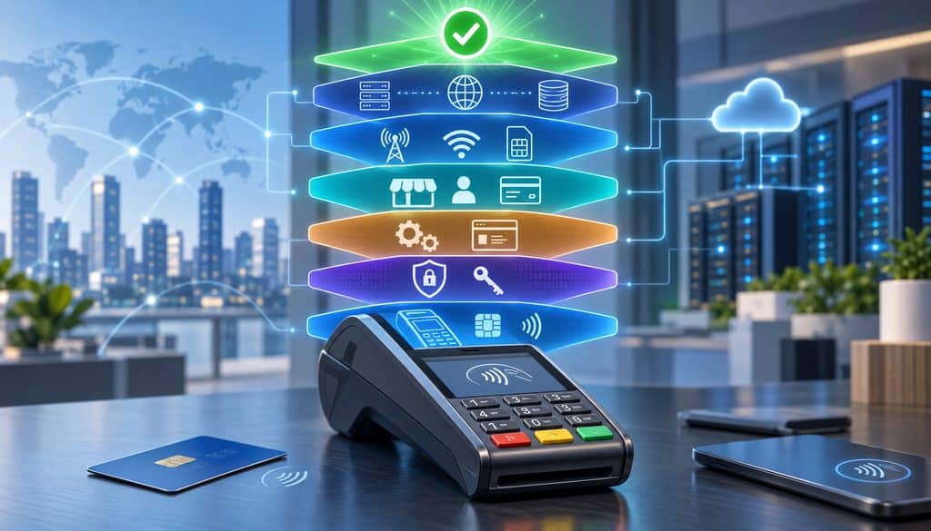Payment terminal provisioning layers with security, software, connectivity, and processor icons