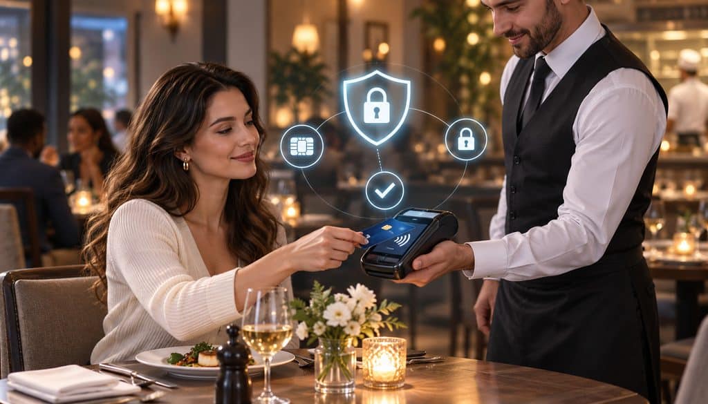 Customer making a secure card payment at the table with a handheld terminal